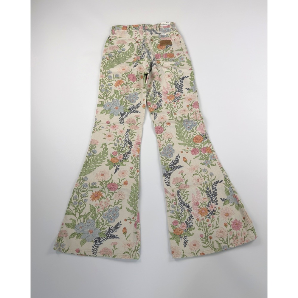 Wrangler Floral Flare Jeans Womens 27 Cream Botanical Print 70s Boho Bell Bottom - Picture 8 of 16